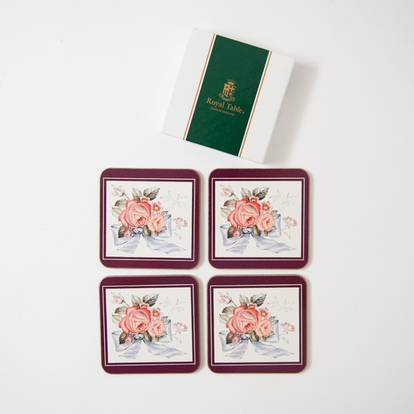 Vintage English Roses & Ribbons Floral Cork Coasters - Set of 4 - Picture 2 of 7